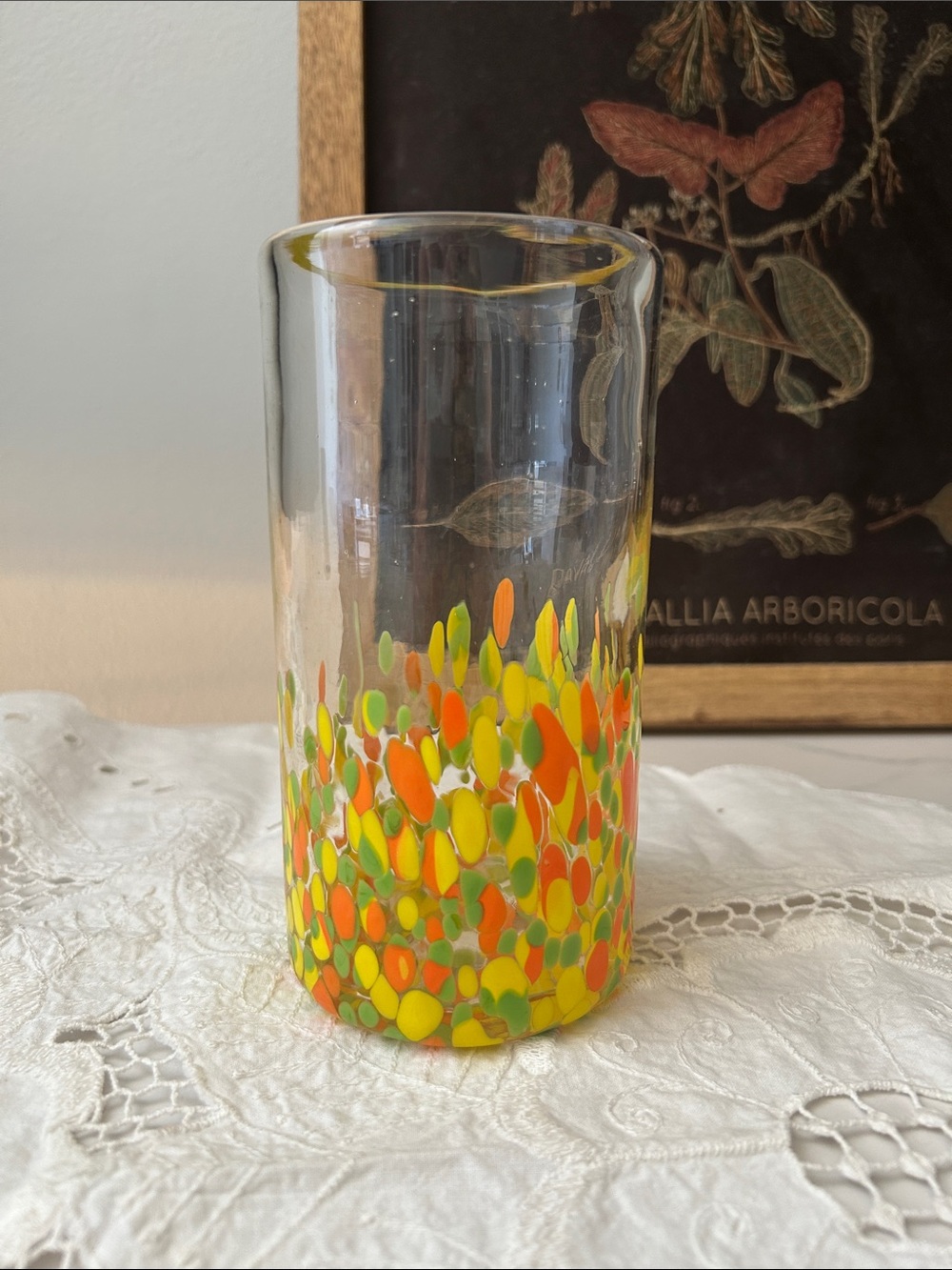 Hand-Blown Clear Glass Vase with Yellow, Orange & Green Speckle